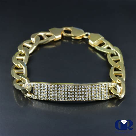 Mens Diamond 14k Yellow Gold Id Bracelet Mariner Link 11 Mm Diamond Rise Jewelry