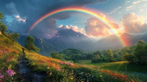 Premium Photo | Rainbow Arching Over A Countryside Landscape Wallpaper