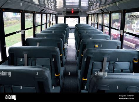 The interior of a new electric school bus at John Lewis Elementary School in Washington, DC on ...