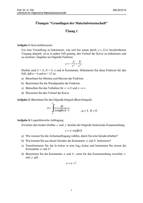 Übungsaufgaben Blatt 1 Prof Dr H Föll WS 2012 Lehrstuhl für