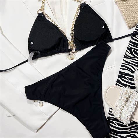 Black Color Bikini Two Piece Swimsuit Chain Swimsuit Bikini Set Shopee Malaysia