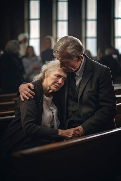 Premium Photo A Funeral Sad Elderly Couple Crying In Church