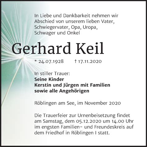 Traueranzeigen Von Gerhard Keil Abschied Nehmen De