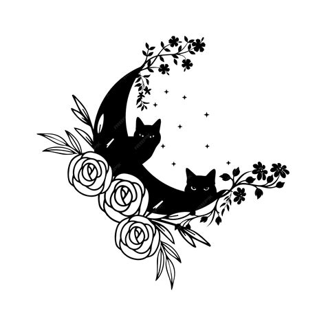 Premium Vector A Black Cat On A Moon With Flowers On It