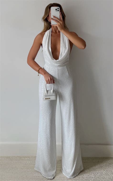 Julien Backless Wide Leg Cowl Neck Sequin Jumpsuit In White Showpo Usa