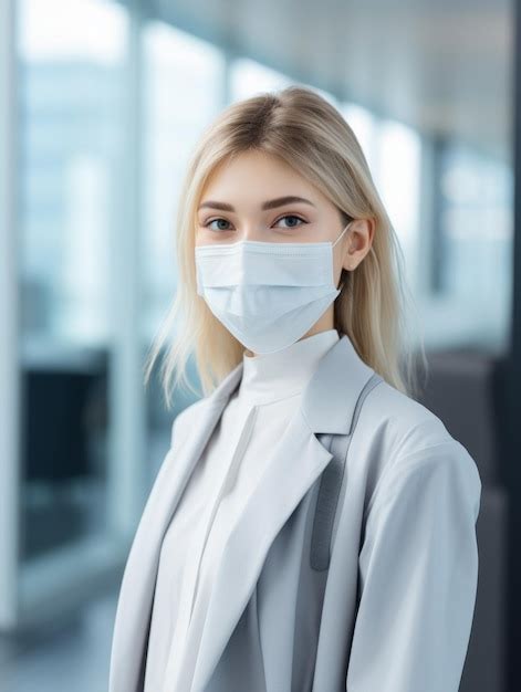 Premium Ai Image A Woman Wearing A Surgical Mask In An Office