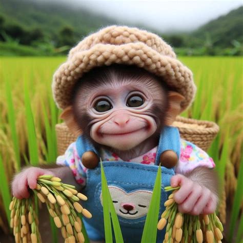 Adorable Baby Monkey in Overalls and Hat