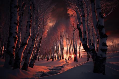 Una Escena De Invierno Con Un Camino Por El Bosque Y El Sol Brillando