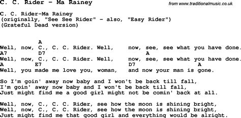 Song C. C. Rider by Ma Rainey, song lyric for vocal performance plus ...