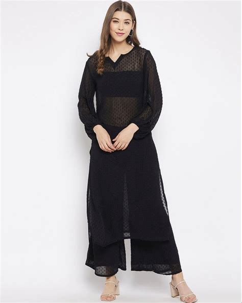 Black Georgette Mahnoor Cotton Kurti Palazzo Set Straight At Rs 800