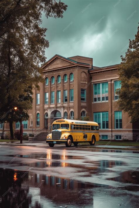 Premium AI Image | School bus parked in front of a school building created with generative ai