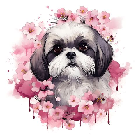 Acuarela Perro Shih Tzu En Medio De Encantadoras Flores De Cerezo Br En