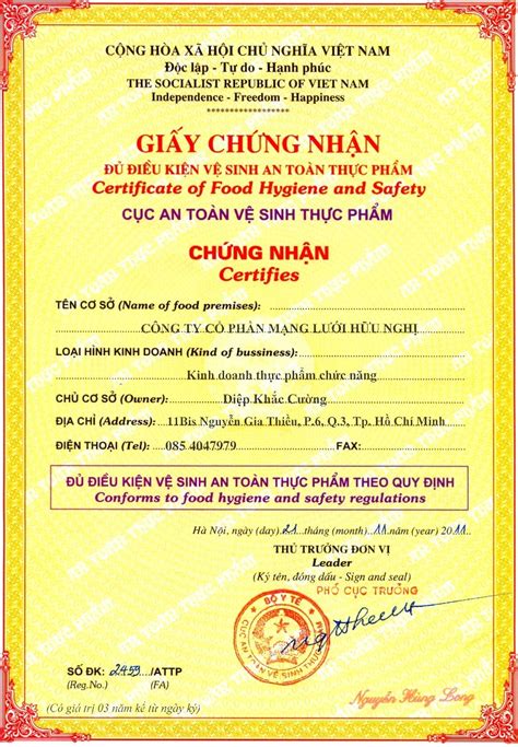 Giấy chứng nhận điều kiện vệ sinh an toàn thực phẩm Bravolaw Tư Vấn