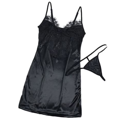 Femmes Sexy Dentelle Noir Lingerie String Ensemble V Tements De Nuit Chemise De Nuit Dos Nu