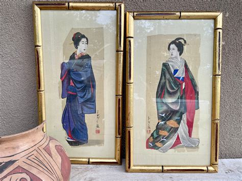 Pair of Vintage Japanese Silk Paintings with Faux Bamboo Frame, Geisha