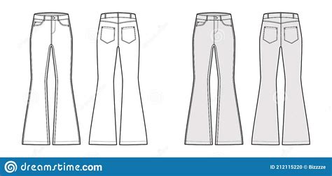 Jeans Flared Bottom Denim Pants Technical Fashion Illustration With Full Length Low Waist Rise