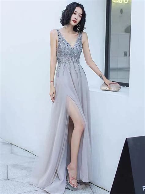 V Neck Prom Dress Gray Evening Dress With Bead Custom Made On Luulla