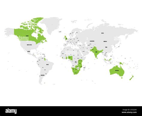 Member states of the British Commonwealth green highlighted in the world map. Vector ...