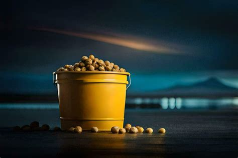 A Bucket Of Soybeans On A Table With A Dark Sky In The Background AI