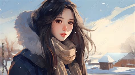 hand drawn cartoon girl illustration in winter snow scene Stock ...