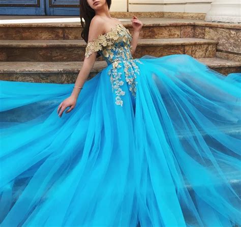 Off Shoulder Blue Gold Lace Prom Dresses Long Lace Formal Evening Dre Okdresses