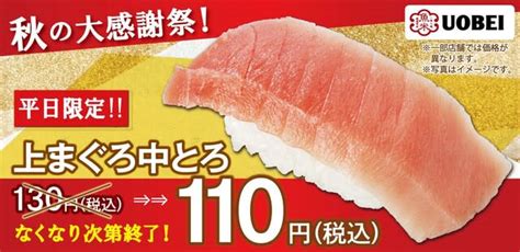 回転情報～魚べいさん、【平日限定】上まぐろ中とろ130円→→110円税込！ 回転寿司は永遠に不滅です！