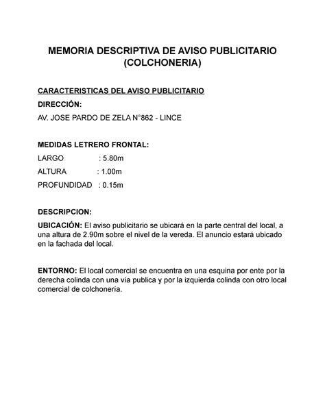 Memoria Descriptiva Memoria Descriptiva De Aviso Publicitario