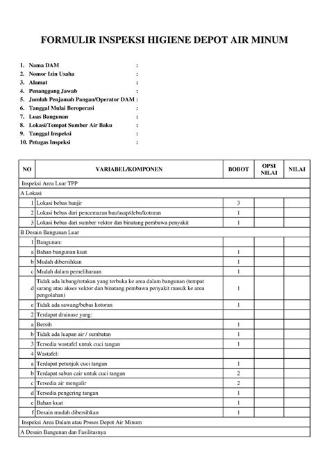 Soal Inspeksi Sanitasi Depot Air Minum 20220307 Formulir Inspeksi Higiene Depot Air Minum Nama