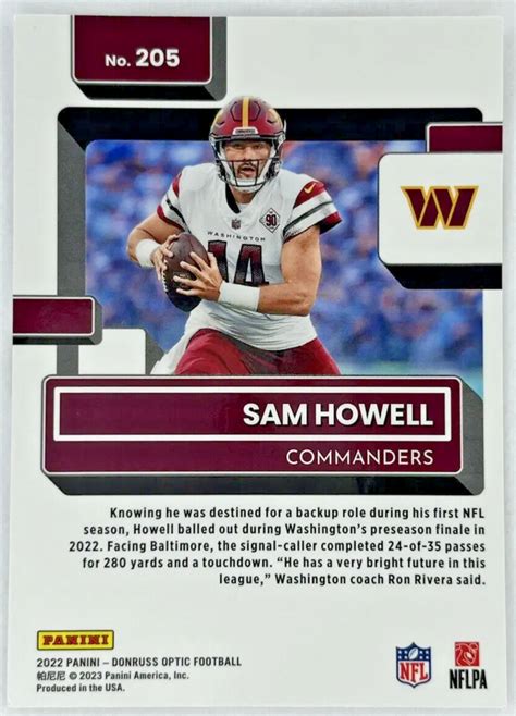 Panini Donruss Optic Sam Howell Rated Rookie Rc Commanders