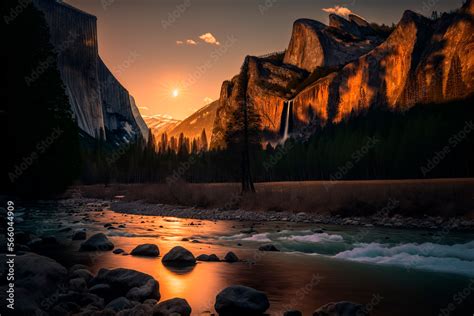 Yosemite valley granite cliffs waterfalls during golden hour Stock Illustration | Adobe Stock