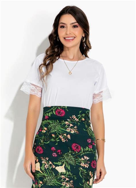 Blusa Branco Mangas de Renda Moda Evangélica Rosalie