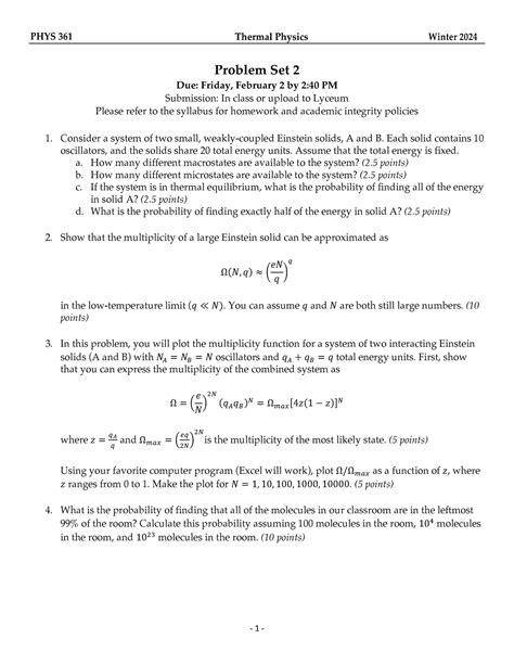 Hw2 Nice Phys 361 Thermal Physics Winter 2024 1 Problem Set 2 Due Friday February 2 By 2