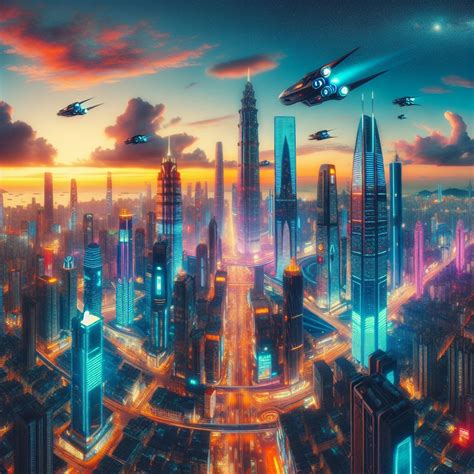 Futuristic Cityscape At Sunset Cyberpunk Metropolis View Ai Art Generator Easy Peasyai