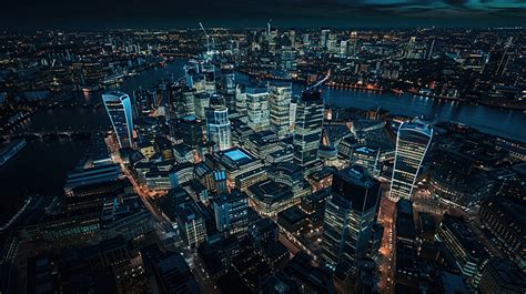 Aerial Panoramic Skyline View Of Canary Wharf At Night Background, Development, Dock, Skyscraper ...