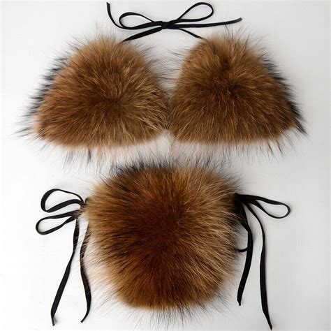 Fox Fur Swimsuit Beach Bikini Sexy Split Fur Bikini Set Micro Bra G