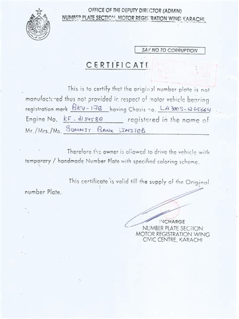 number plate certificate bkv