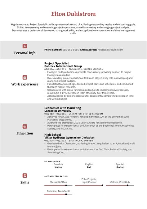 Project Specialist Resume Example | Kickresume