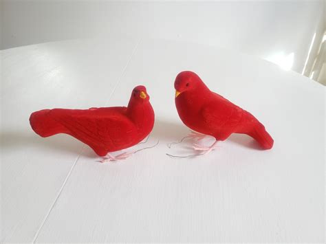 Vintage Red Flocked Birds Set Of Two Retro Classic Christmas Merry Home