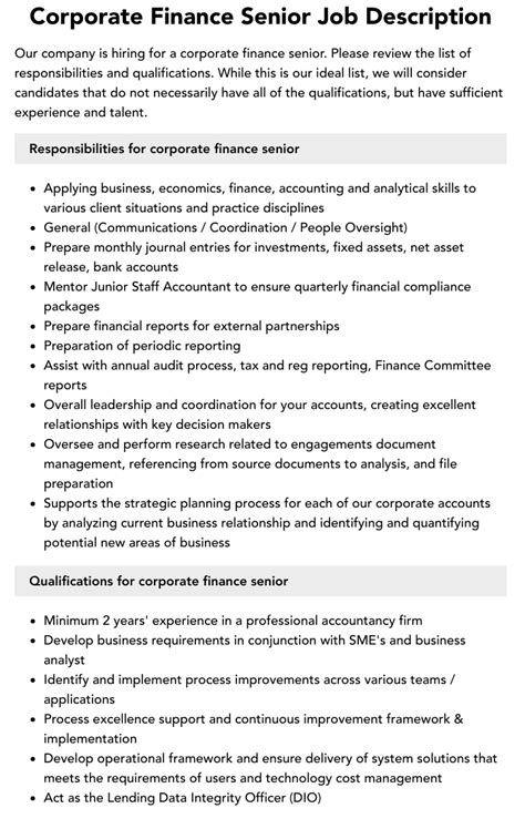 Corporate Finance Senior Job Description Velvet Jobs