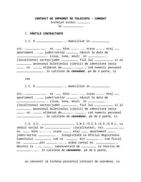 Doc Contract De Comodat Model Dokumen Tips