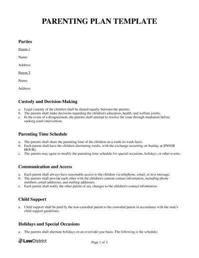 Printable Parenting Plan Template Pdf And Word Lawdistrict