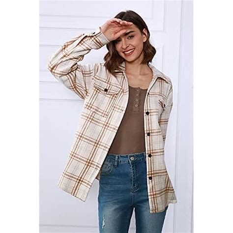 Womens Casual Plaid Shacket Wool Blend Button Down Long