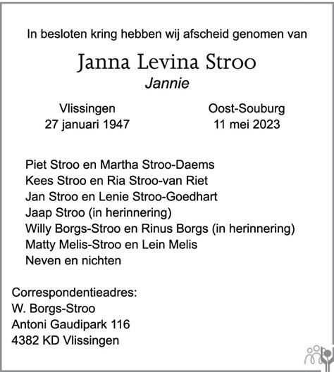 Janna Levina Jannie Stroo 11 05 2023 Overlijdensbericht En