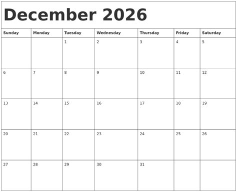 December 2026 Calendar Template