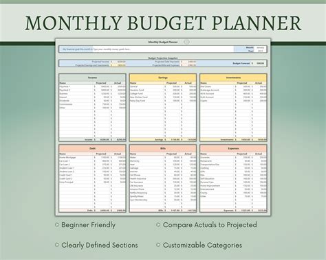 Monthly Budget Excel Financial Planner Spreadsheet Template Budget ...