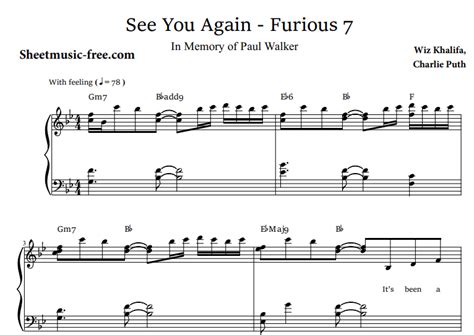 Wiz Khalifa-See You Again Furious Free Sheet Music PDF for Piano | The ...