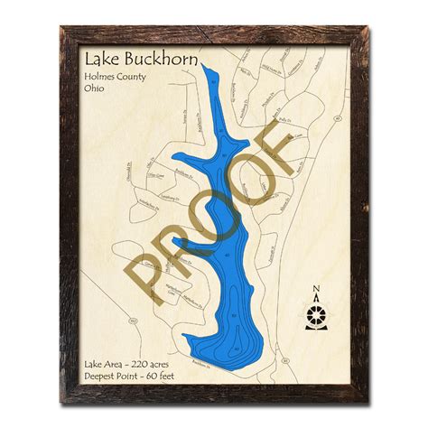 Lake Buckhorn OH 3D Wood Map Laser Etched Nautical Decor