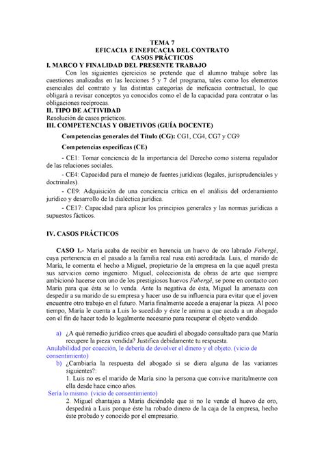 Tema 7 Practica TEMA 7 EFICACIA E INEFICACIA DEL CONTRATO CASOS