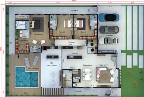 Planta de casa térrea para terreno grande Projetos de Casas Modelos