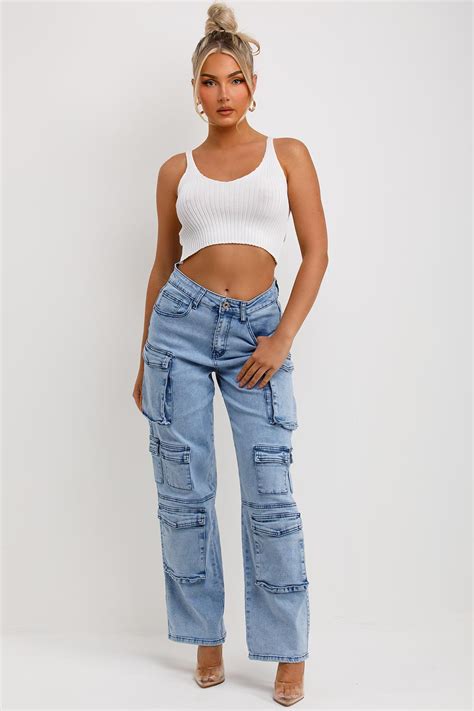 Women's Cargo Jeans With Pockets Light Wash Denim – Styledup.co.uk